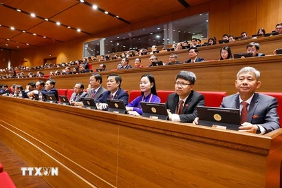 La délégation du Comité du Parti de la province de Quang Ngai assiste à la séance d’ouverture du XIVe Congrès national du Parti. Photo / VNA