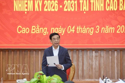 Le général Phan Van Giang effectue une mission de supervision et d’inspection des préparatifs des élections législatives à Cao Bang (Nord). Photo : VNA