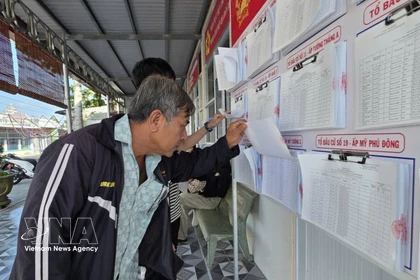 Des électeurs de la commune de Vĩnh Thanh, dans la province de Cà Mau, consultent les informations relatives aux élections et prennent connaissance du parcours ainsi que du programme d’action des candidats. Photo : VNA.