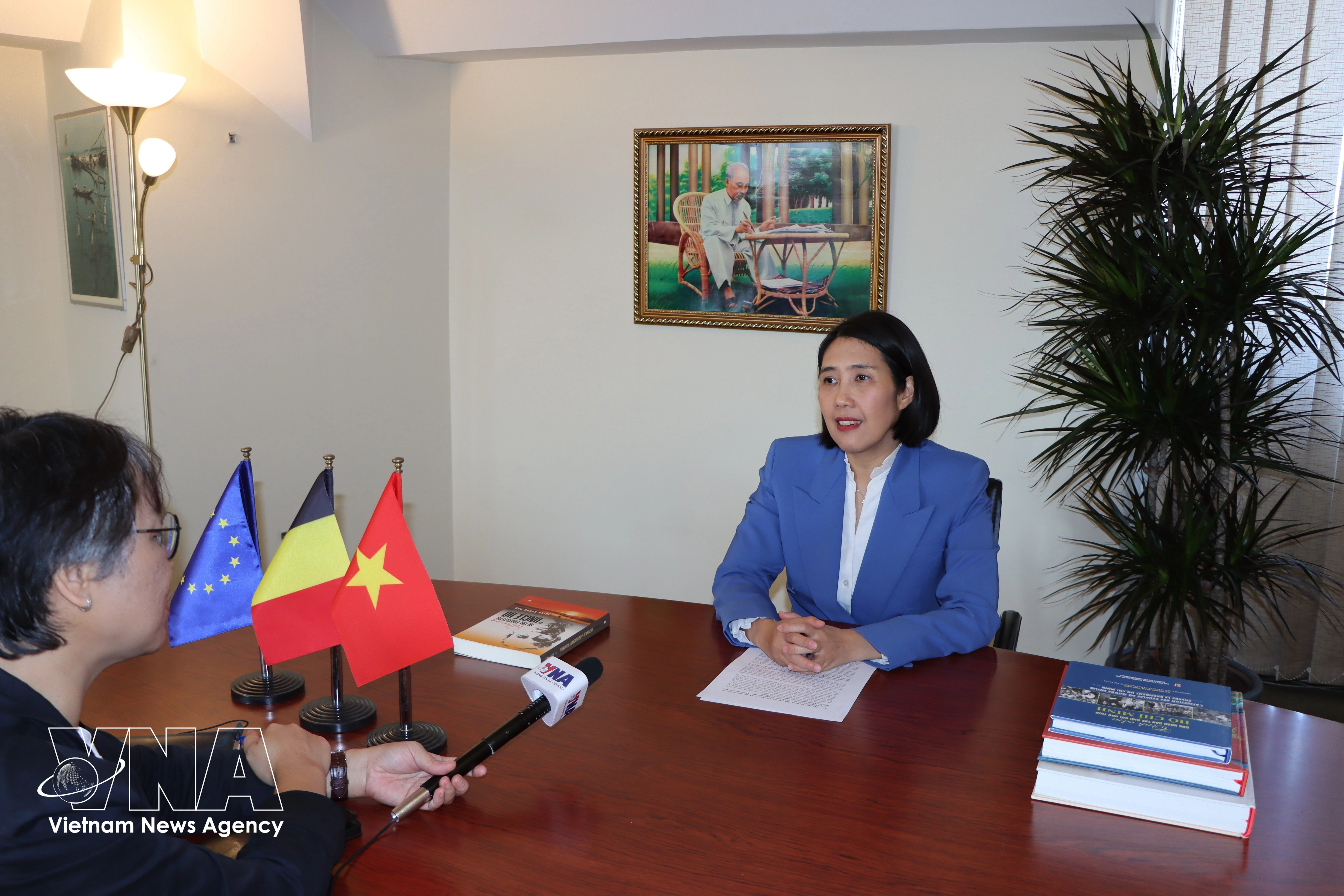L’ambassadrice du Vietnam en Belgique et cheffe de la Mission du Vietnam auprès de l’UE, Nguyen Huong Tra, répond à une interview de l’Agence vietnamienne d’information. Photo: VNA 