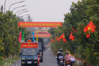 La communication est menée au moyen de banderoles et de véhicules mobiles dans la commune de Vinh Vien, ville de Can Tho. Photo : VNA 