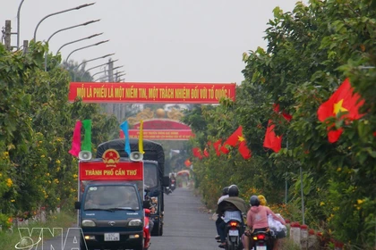 La communication est menée au moyen de banderoles et de véhicules mobiles dans la commune de Vinh Vien, ville de Can Tho. Photo : VNA 