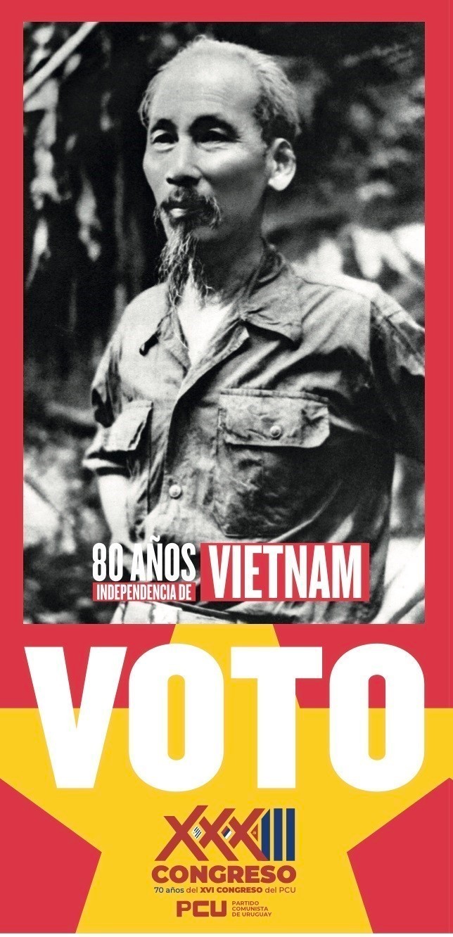 Les bulletins utilisés lors du Congrès comprenaient trois modèles illustrés par des affiches représentant le Président Ho Chi Minh et un autre portant une affiche montrant le peuple vietnamien engagé dans la production pendant la période de résistance contre l’agression étrangère, accompagnées des mentions « 80 ans de la Fête nationale du Vietnam » et « 33ᵉ Congrès nationaldu Parti communiste d’Uruguay (PCU) ».. Photo: VNA
