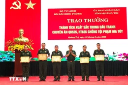 Le Commandement des gardes-frontières décerne des certificats de mérite à cinq groupes et dix personnes pour leurs réalisations exceptionnelles dans les opérations QB525 et HT825. Photo : Vo Dung/VNA 