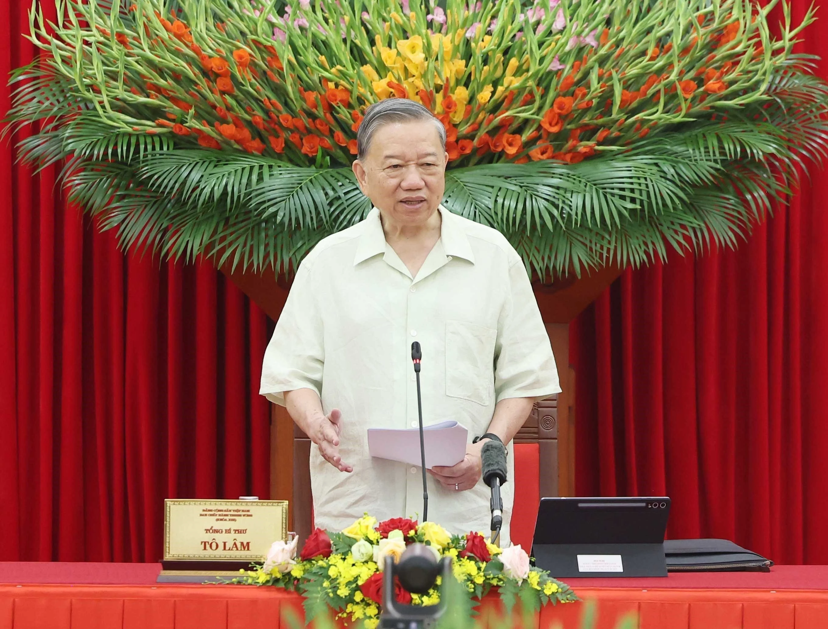 Le secrétaire général du Parti Tô Lâm, également chef du Comité central chargé du développement des sciences, des technologies, de l’innovation et de la transformation numérique, s'exprime lors de la réunion. Photo: VNA