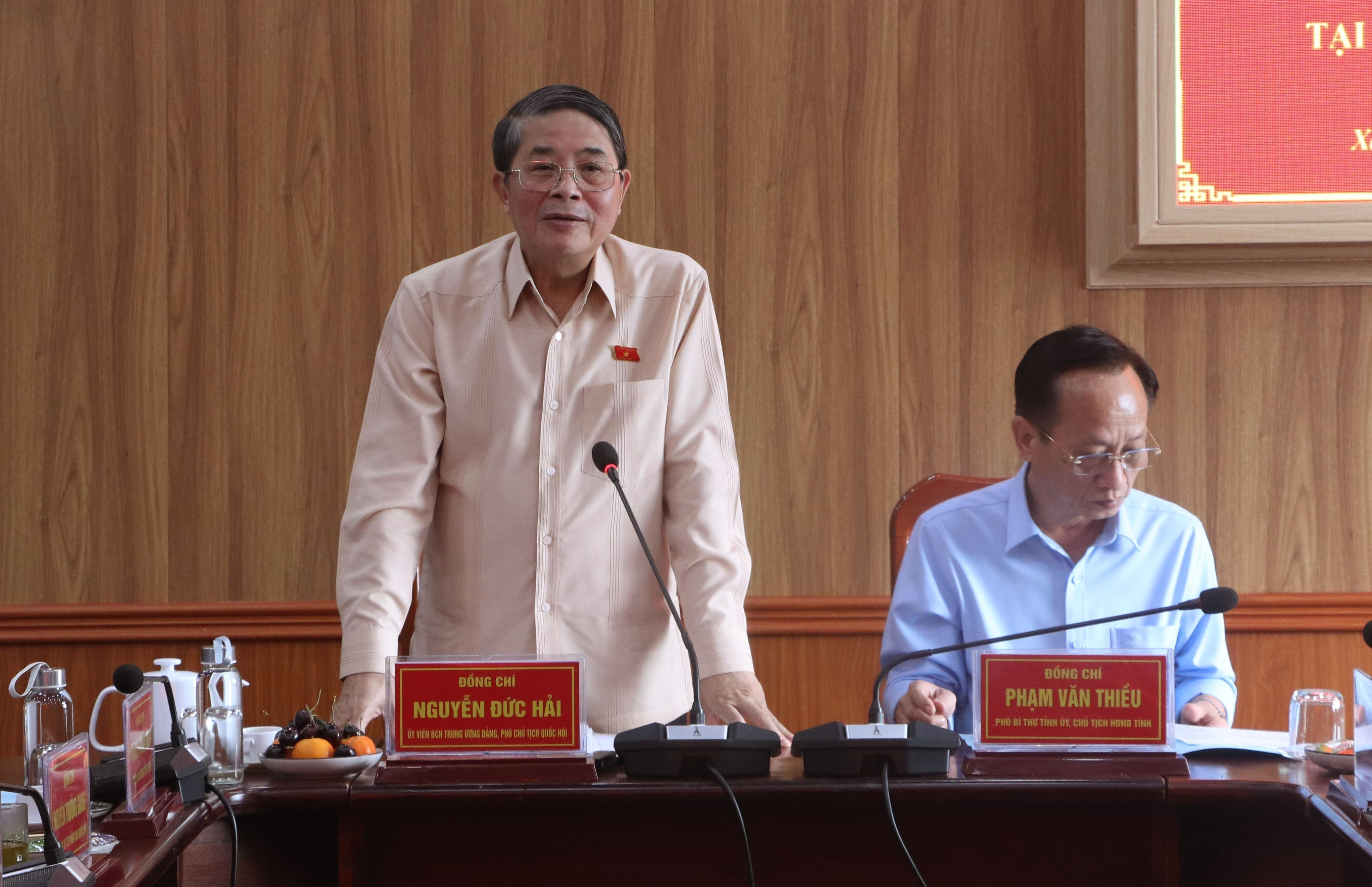 Le vice-président de l'AN, Nguyen Duc Hai, s'exprime à la séance de travail avec les autorités de la commune de Ho Thi Ky. Photo: VNA