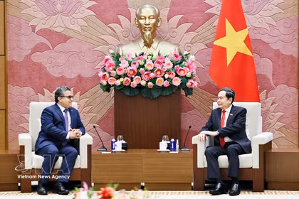 Le président de l’Assemblée nationale du Vietnam, Tran Thanh Man, reçoit à Hanoï l’ambassadeur de Palestine, Saadi Salama, venu lui faire ses adieux à l’occasion de la fin de sa mission au Vietnam. Photo : VNA