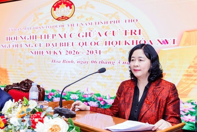 La présidente du Comité central du Front de la Patrie du Vietnam (FPV), Bui Thi Minh Hoai, a rencontré le 6 mars des électeurs de la circonscription n°5 dans la province septentrionale de Phu Tho, dans le cadre des élections à l’Assemblée nationale pour le mandat 2026-2031. Photo: VNA