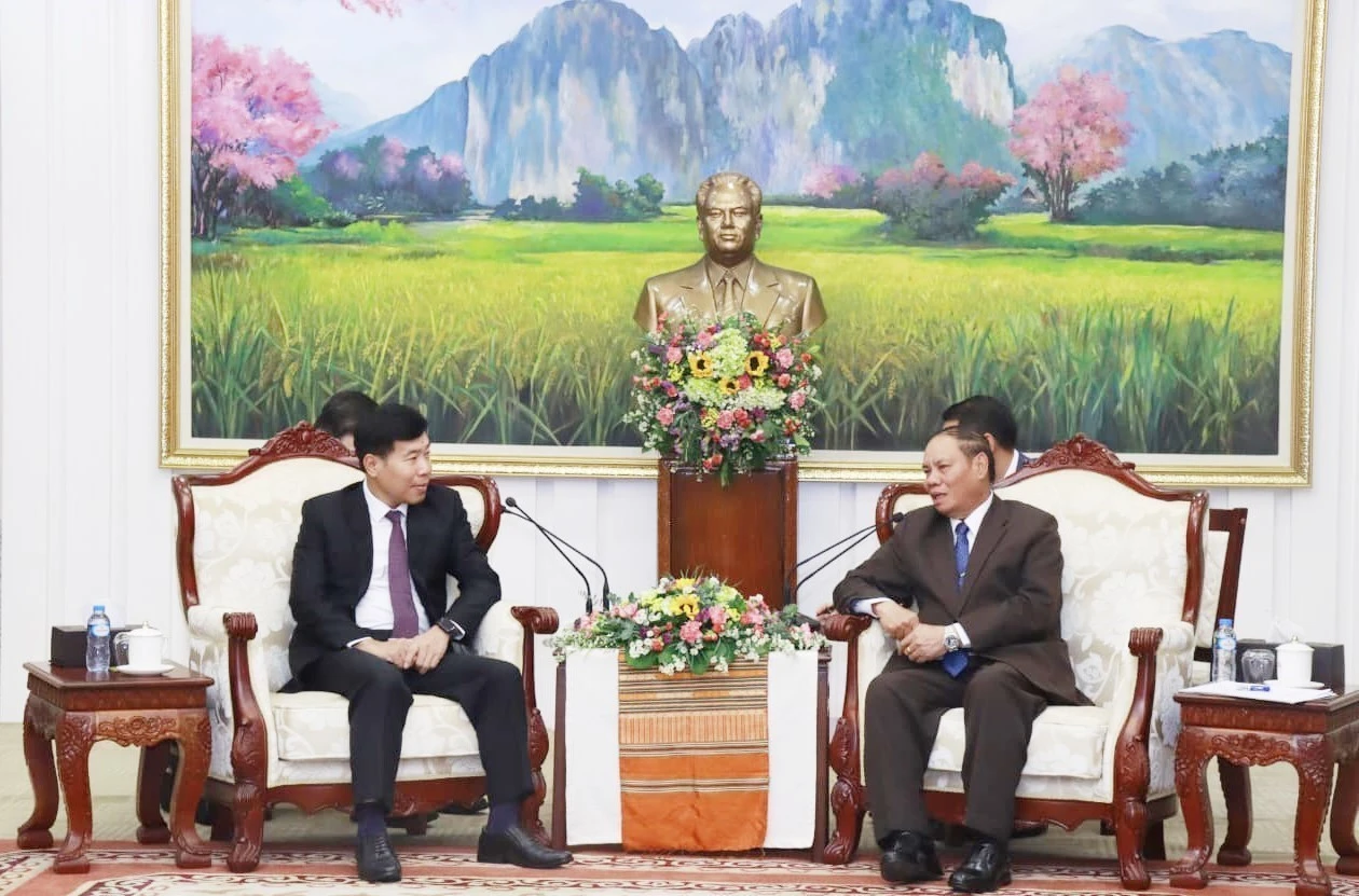 Vilay Lakhamphong (à droite), membre du Bureau Politique et permanent du Secrétariat du Parti populaire révolutionnaire lao (PPRL) reçoit Nguyen Manh Cuong, vice-ministre vietnamien des Affaires étrangères. Photo : VNA.