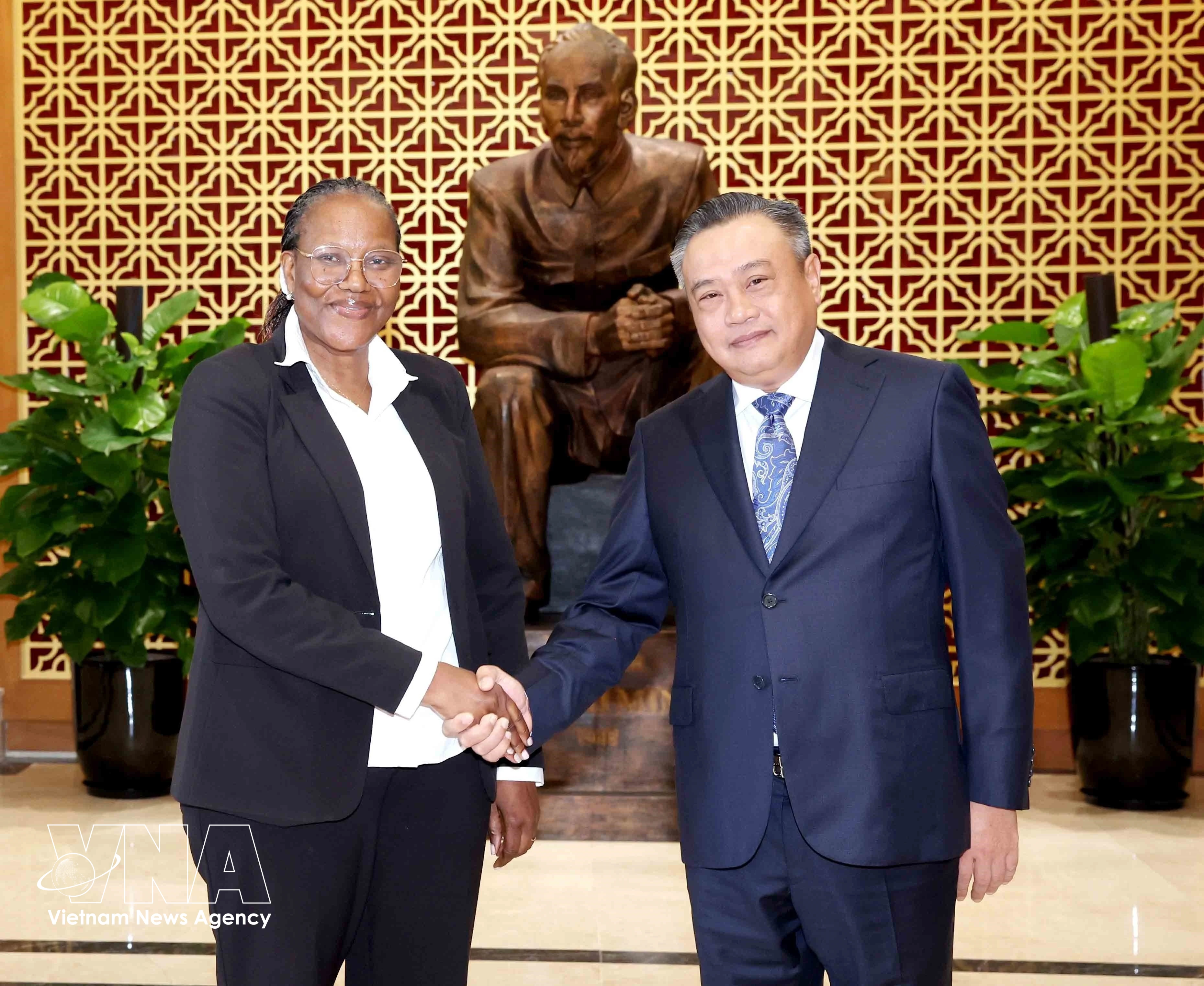 Ana Comoana, membre du Bureau politique et présidente de la Commission centrale de contrôle rencontre Tran Sy Thanh, membre du Bureau politique, secrétaire du Comité central du Parti et président de la Commission centrale de contrôle du PCV. Photo : VNA,