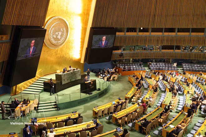 Le secrétaire général du Parti communiste du Vietnam et président vietnamien, To Lam, prononce un discours important lors du débat général de haut niveau de la 81e session de l'Assemblée générale des Nations Unies. Photo: VNA 