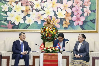 Réunion de haut niveau entre Le Minh Hung, membre du Bureau politique, secrétaire du Comité central du PCV, chef de la Commission centrale d’organisation du PCV, et son homologue lao, Sisay Leudetmounsone. Photo: VNA