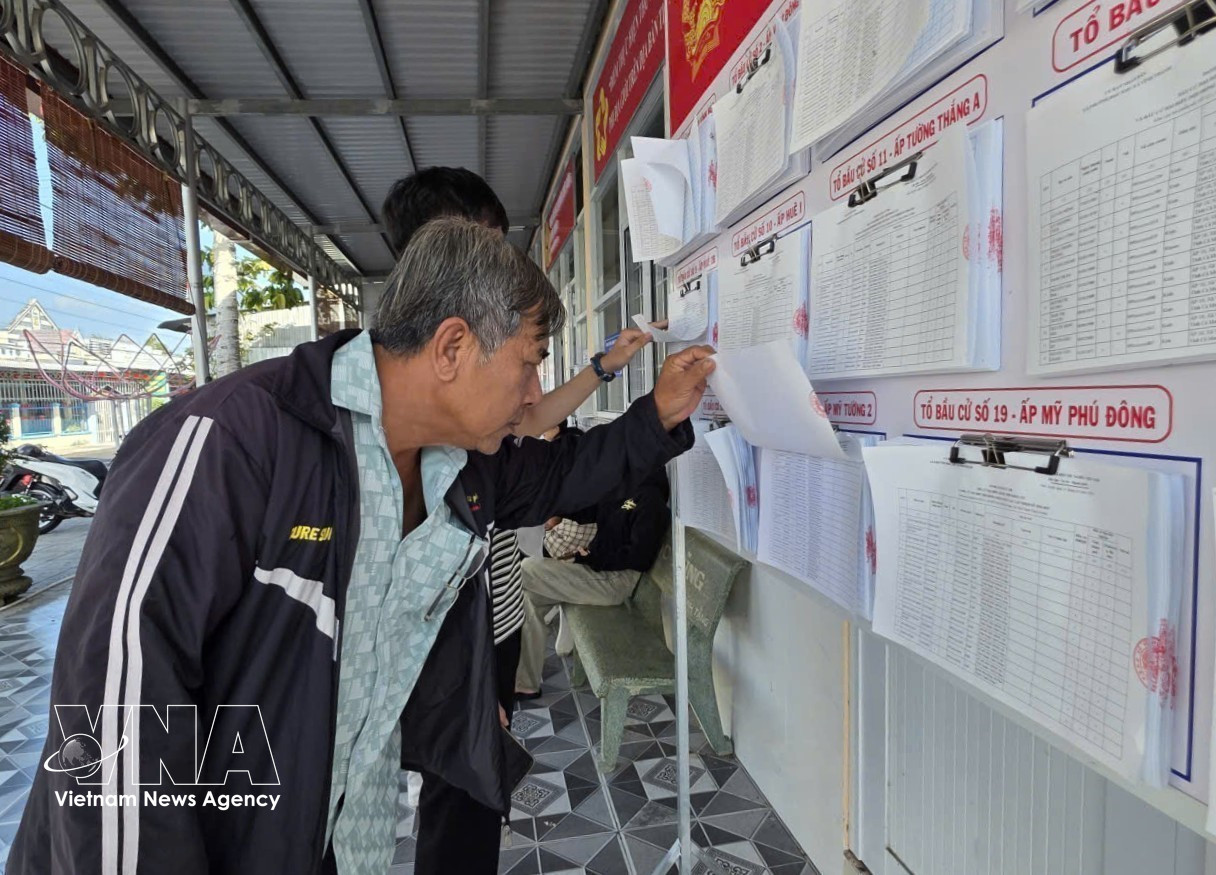 Des électeurs de la commune de Vĩnh Thanh, dans la province de Cà Mau, consultent les informations relatives aux élections et prennent connaissance du parcours ainsi que du programme d’action des candidats. Photo : VNA.