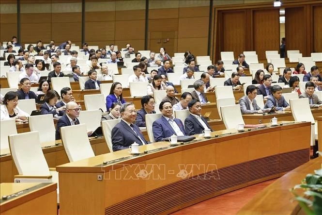 Le secrétaire général To Lam, le Premier ministre Pham Minh Chinh et les députés présents à la réunion. Photo : VNA