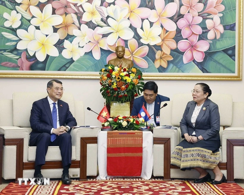 Réunion de haut niveau entre Le Minh Hung, membre du Bureau politique, secrétaire du Comité central du PCV, chef de la Commission centrale d’organisation du PCV, et son homologue lao, Sisay Leudetmounsone. Photo: VNA